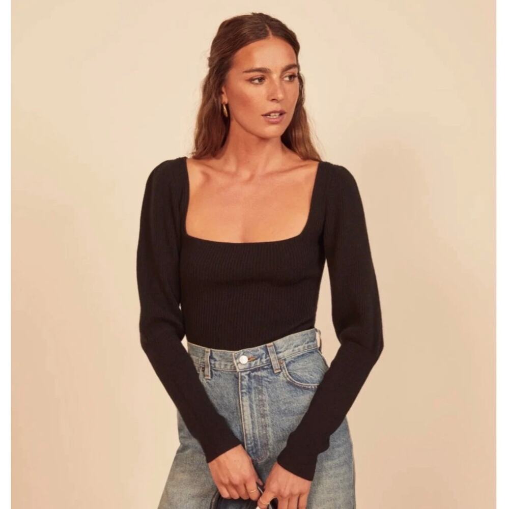 Reformation Isabel Cashmere Sweater black square neck rib 90s minimalist small